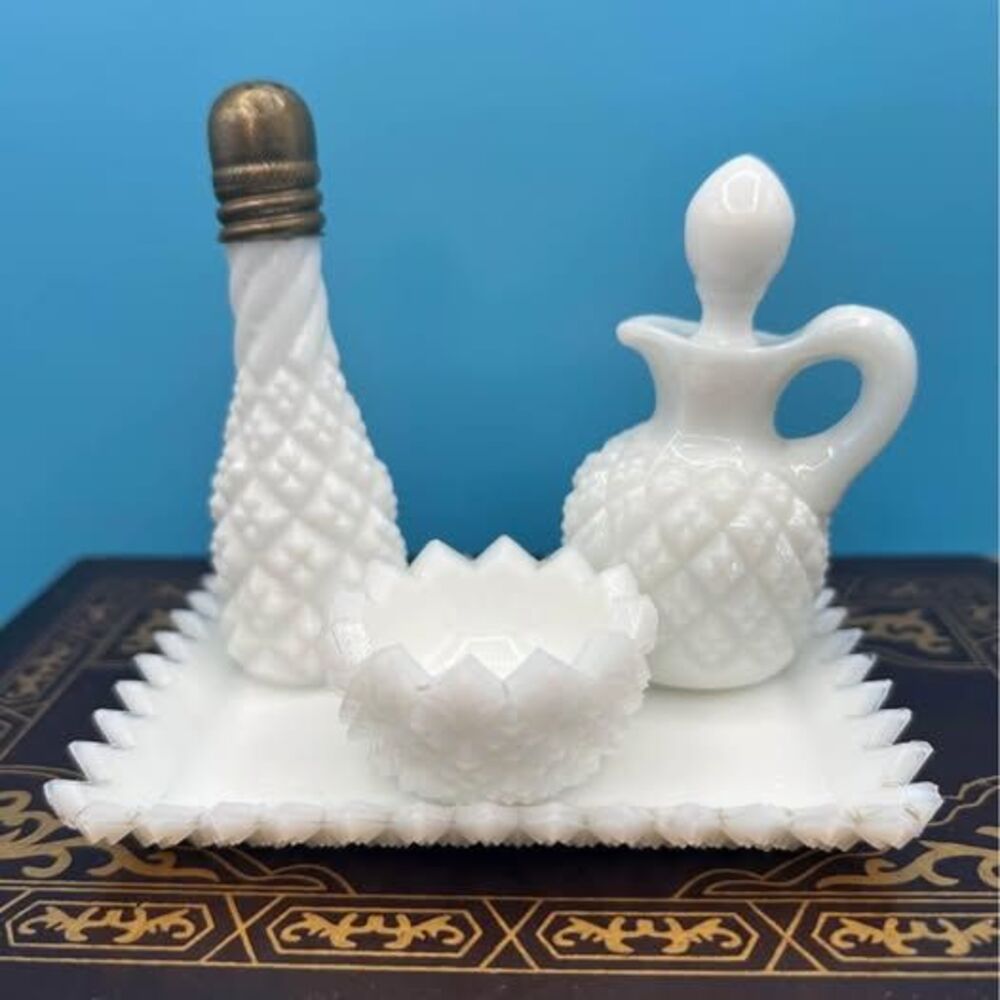 Mini Milk Glass Set, Tray, Cruet with stopper, Salt shaker, Cellar